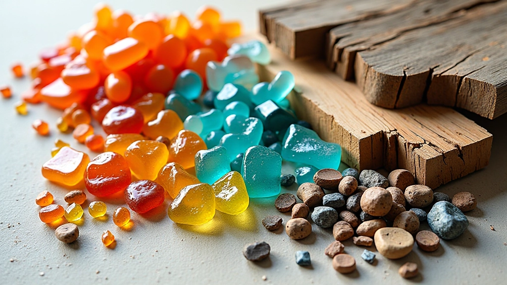 Variedade de materiais reciclados: vidro colorido, metal brilhante, madeira envelhecida e plástico processado em cores vibrantes