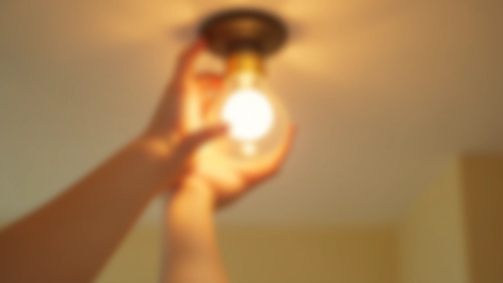 Mão instalando lâmpada LED em luminária de teto, mostrando o processo simples e seguro de substituição de iluminação