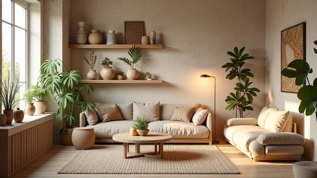 Espaço interior decorado com múltiplas peças de materiais reciclados: prateleiras, vasos, luminárias e painéis de parede