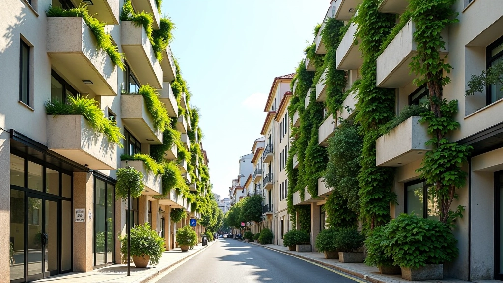 Rua de Lisboa com edifícios com plantas verticais, painéis solares e design urbano sustentável