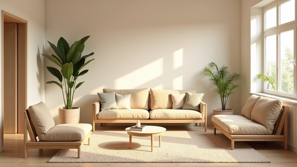 Sala de estar com mobiliário feito de materiais reciclados, revestimentos ecológicos e design minimalista