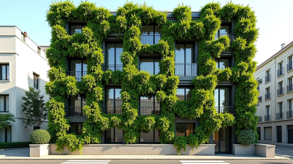 Fachada de edifício de Lisboa com jardim vertical exuberante, plantas em cascata cobrindo a parede, luz solar natural