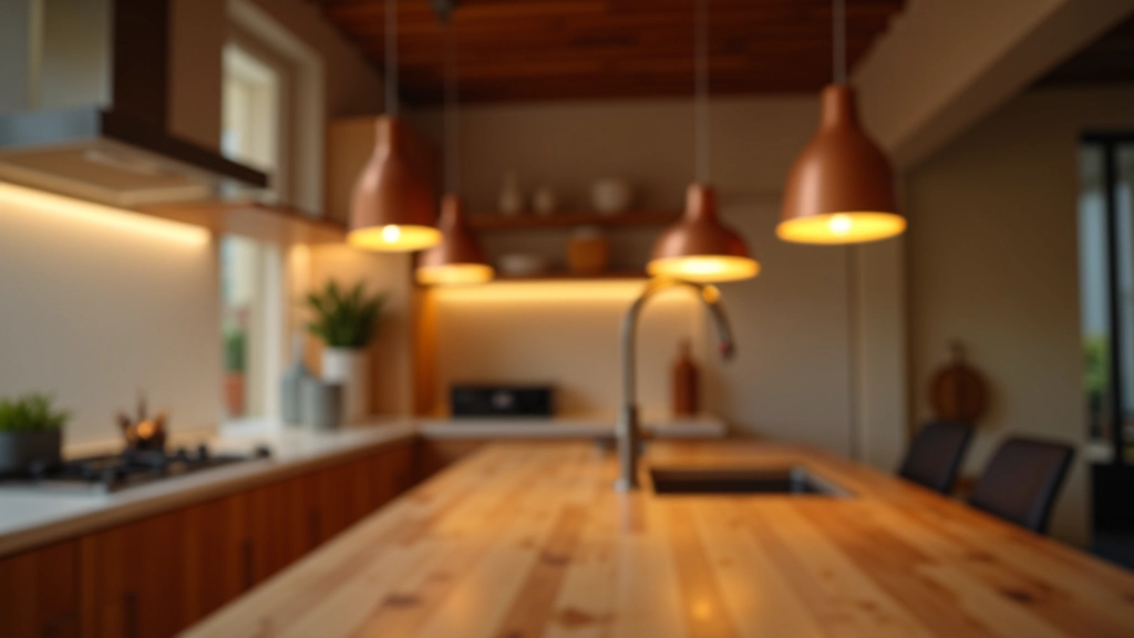 Iluminação LED moderna em cozinha portuguesa com acabamentos de cobre, mostrando eficiência energética