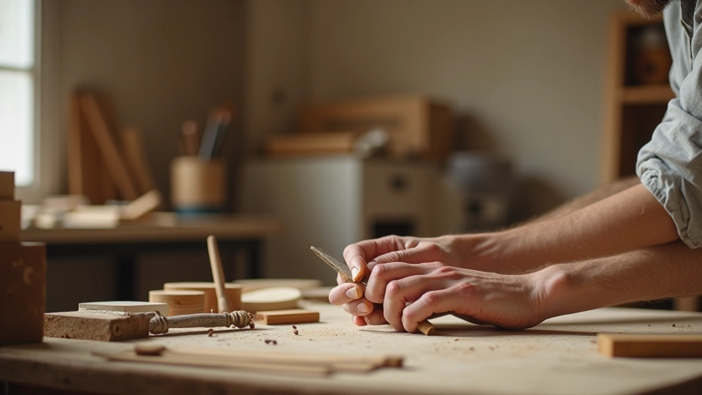 Artesão português trabalhando em projeto de decoração com materiais reciclados, usando ferramentas manuais em estúdio criativo bem iluminado