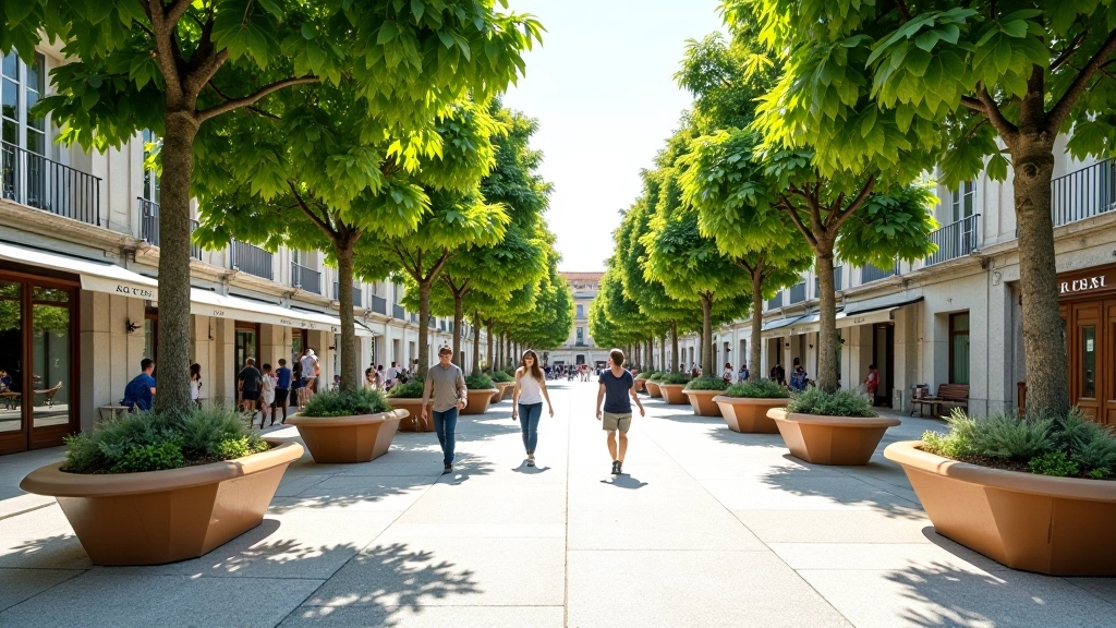 Praça pública do Porto com pavimento permeável, árvores maduras, mobiliário urbano sustentável, pessoas a passear