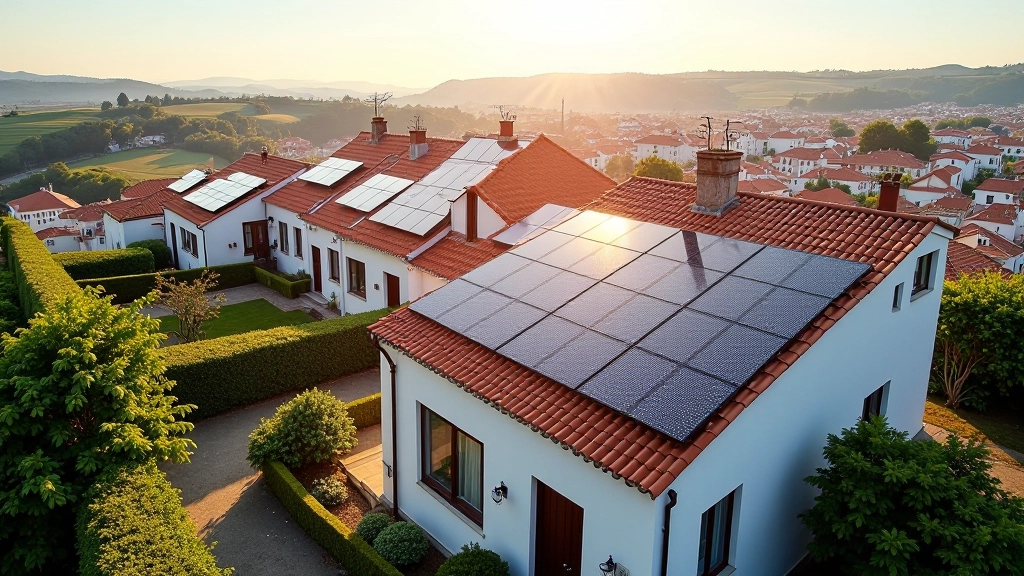 Telhados de casas em Braga com painéis solares brilhando ao sol, vista aérea, paisagem urbana verde
