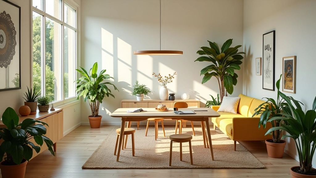 Espaço de trabalho sustentável com plantas e iluminação natural
