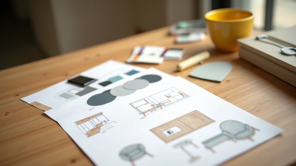 Espaço de trabalho moderno com amostras de materiais sustentáveis, móveis artesanais e estudos de iluminação